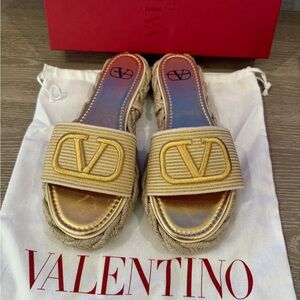 Valentino Gold Logo Espadrille Slide Sandals - Women
